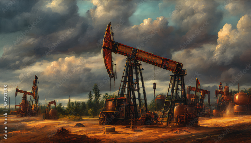 Oil field, where towering machinery tirelessly extracts valuable crude oil from the earth. Generative AI