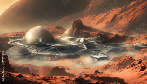 Artistic concept illustration of a futuristic space colony, city on mars planet, background illustration. photo