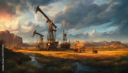 Oil field, where towering machinery tirelessly extracts valuable crude oil from the earth. Generative AI photo