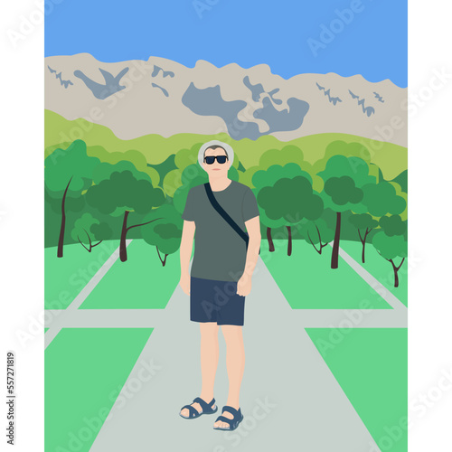  Person on the road.Young man relaxes on vacation,travels to warm countries,poses against the background of local landscapes.Vector flat illustration. 
