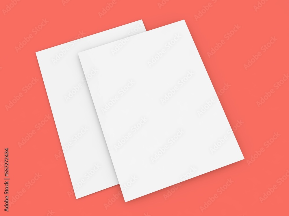 Two sheets of white paper and on a red background. 3d render illustration. Two sheets of white paper and on a red background. 3d render illustration.