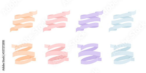 Zestaw ręcznie rysowanych wstążek w czterech jasnych pastelowych kolorach. Etykieta, baner, tag w prostym stylu.