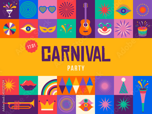 Happy Carnival, colorful geometric background with splashes, speech bubbles, masks and confetti 