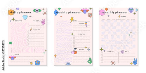 Vector daily,weekly,monthly planners templates with y2k patches,icons and emblems.Organizer and schedule with place for notes; goals and to do list.Trendy layouts in 90s groovy aesthetic.
