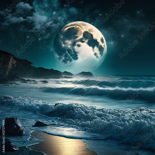 Coastal moonlight. Magical night on the sea coast, full blue moon and rocks. Art created with Generative AI technology
