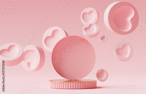 3D podium display. Pastel pink background. Round frame for text or cosmetic product presentation. Abstract hearts. Valentines day or woman's day 3D render mockup. Love concept.