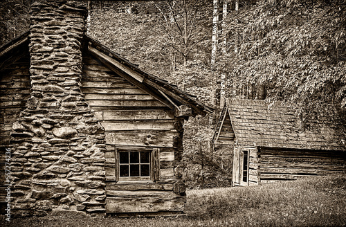 Pioneer Cabin and Shed in Cades Cove Sepia Photograph © Carolyn Franks