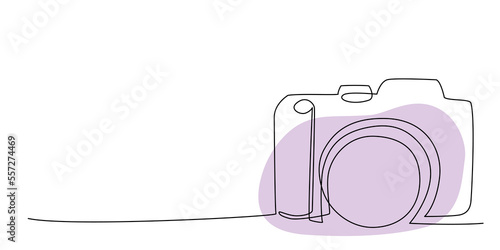 Decoration continuous line hand drawing photo camera for wedding photo book, invitations. Vector stock illustration minimalism design isolated on white background. Editable stroke single line. 