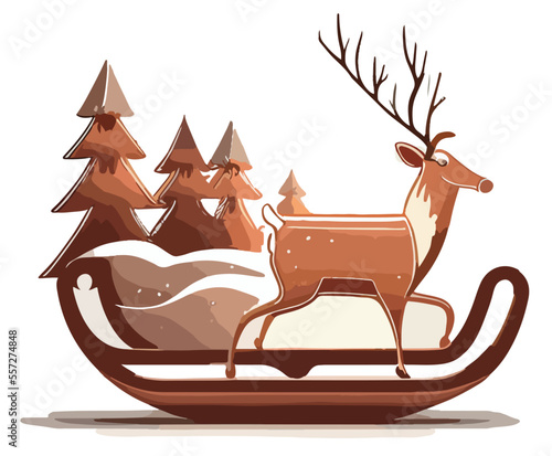 Elegant Christmas deer on the background of Christmas trees. Vector illustration, print for background, print on fabric, paper, wallpaper, packaging.