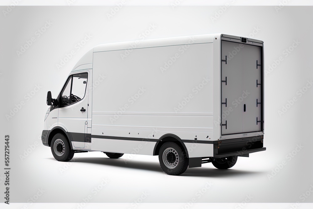 Side shot of a delivery vehicle with one sizable cardboard package against a white backdrop. distributing in bulk. package and worldwide logistics concept. room for mock copies. Generative AI Side shot of a delivery vehicle with one sizable cardboard package against a white backdrop. distributing in bulk. package and worldwide logistics concept. room for mock copies. Generative AI