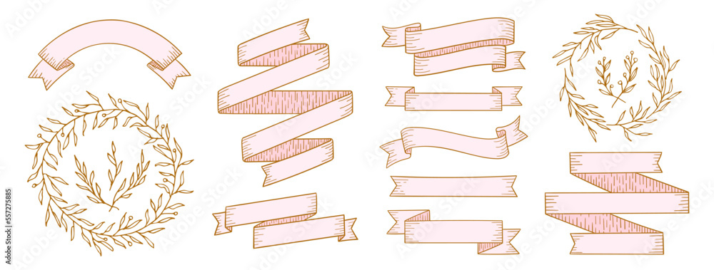 set elements label ribbon vector hand draw with details, soft colors set elements label ribbon vector hand draw with details, soft colors