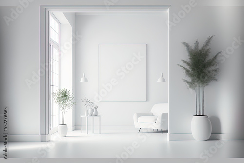 White minimalistic interior with empty mockup spaces on the walls  furniture  and daylight design concept. Generative AI