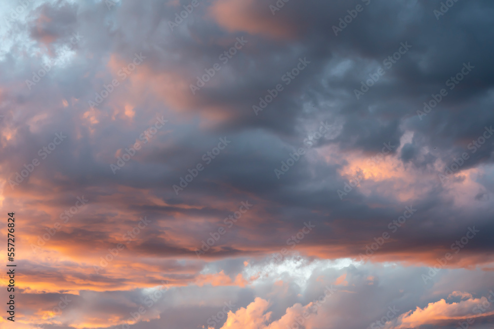 Fototapeta premium Dark gray rain clouds with red sides illuminated by the sun at sunset.