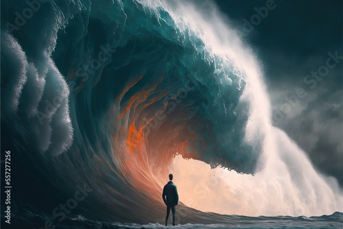 A man stands in front of a giant wave. AI