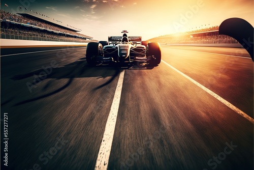 International race track with racing car at the start. A racer on a racing car passes the track. AI