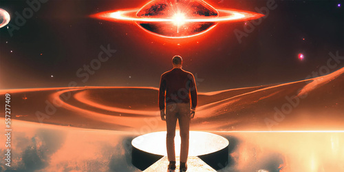 illustrazione di uomo di spalle che guarda insolito pianeta somigliante a saturno di colore rosso, ambientazione mar photo