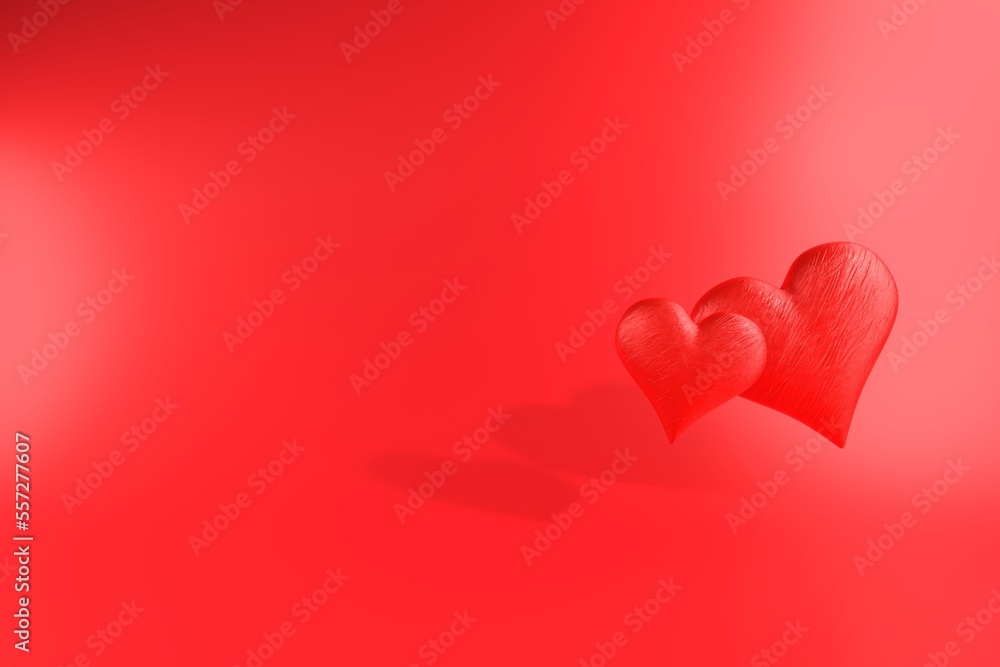 Two red hearts with a rough texture on a red background with space for text. Simple romantic card template for Valentine's Day, Women's Day or wedding. 3d render, copy space