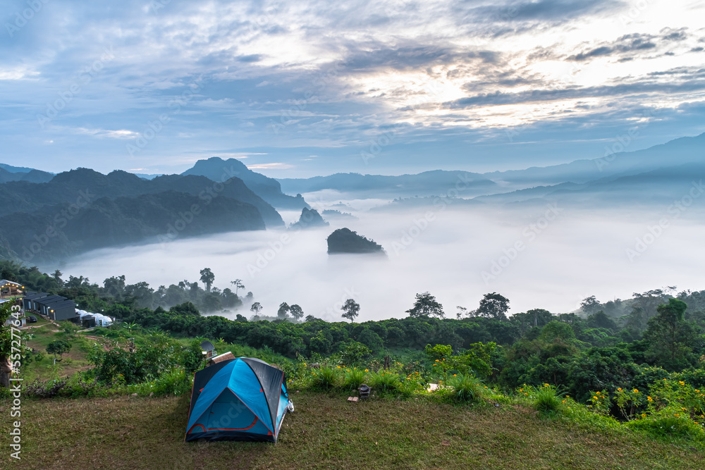 landscape of mountains fog and tent Phu Lanka National Park Phayao province north of Thailand