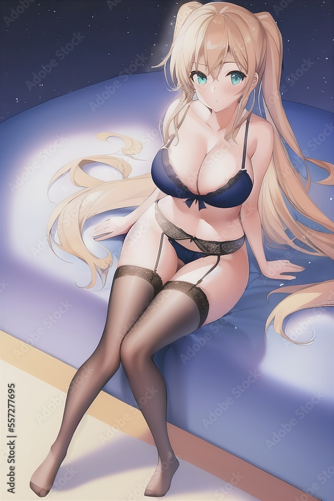 Sexy blonde anime waifu girl in lingerie and black stockings sitting on a  bed. Generative AI Stock Illustration | Adobe Stock