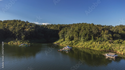 Aerial view of landscape Reservoir and raft house Thailand