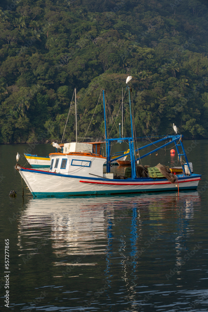 Fishing boat with egret white on Guaruja, Sao Paulo state, coast of Brazil Fishing boat with egret white on Guaruja, Sao Paulo state, coast of Brazil