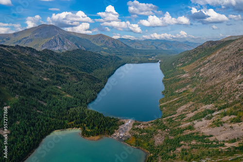 Aerial Landscape summer day Multe lake in mountains Altai, top view