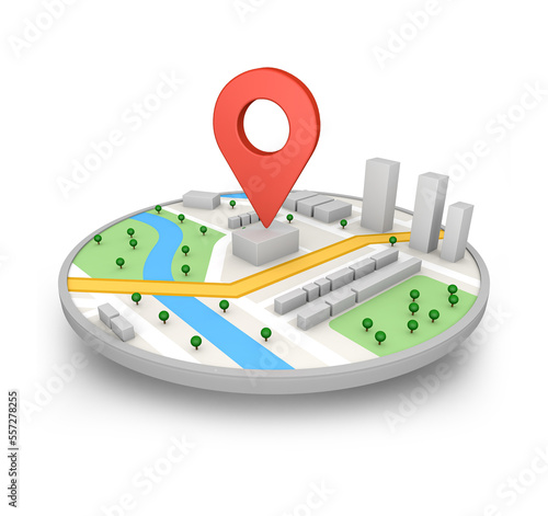 Red location pin sign icon and gps navigation map road direction with find route mark travel destination navigator. 3D rendering. photo