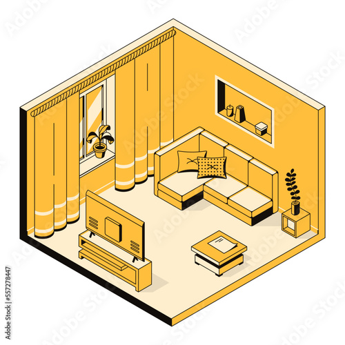 3d living room, interior design concept, furniture arrangement. Indoor environment of home, flat, house space. Apartment template for hotel, real estate, building. Vector linear isometric illustration
