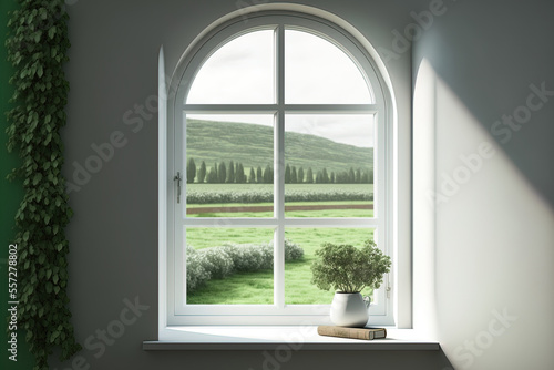 window view of a green countryside in a white, empty room. Scandinavian style in home decoration. Generative AI
