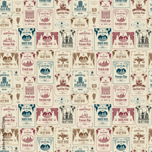 Vector seamless pattern on theme of wine with various wine labels with images of grapes, landscapes, winery, castles, sailboats, fruits and other in retro style