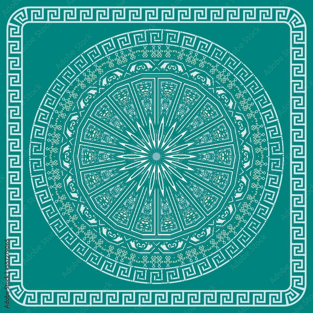 Beautiful round floral mandala pattern with square frame. Turquoise ornate vector background. Ethnic style arabesque ornaments. Border. Modern decorative design. Vintage flowers. Greek key, meanders