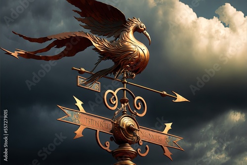 An old-fashioned copper weathervane against a stormy sky.