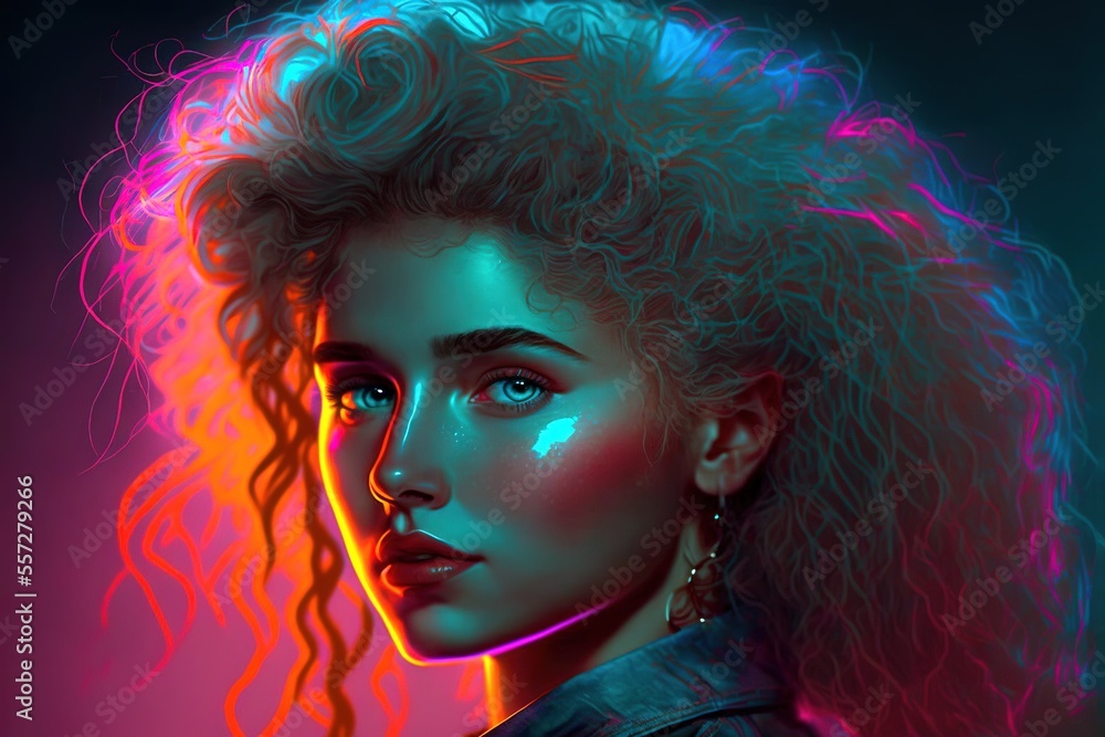 A cute and beautiful retro 80s style girl with colorful neon lights, generative ai