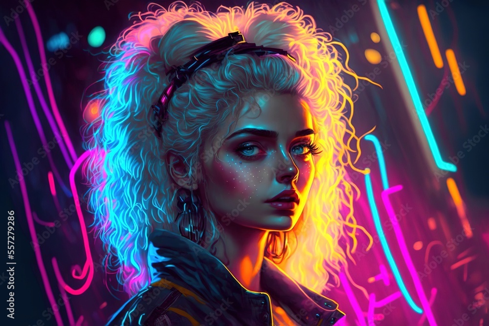 A cute teenage girl in the 80s, retro style with bright and colorful neon colors, generative ai