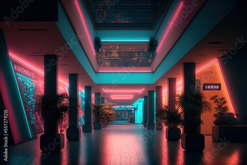 An empty mall with bright neon lights at night, no people, generative AI