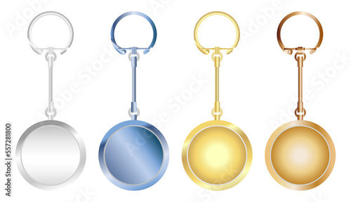 set of high detailed and realistic steel metallic key chain isolated.