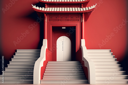 Chinese temple entrance with steps and white space. solitary part on a red backdrop. Ideal for decorations inspired by Asian or Chinese cultures. Generative AI