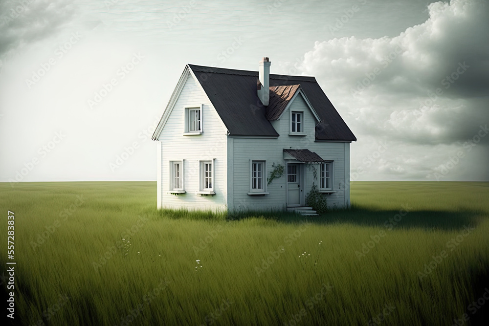 House on the lawn, white and alone. Generative AI House on the lawn, white and alone. Generative AI