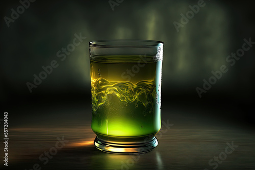 Cold, fresh apple juice under a green spotlight. Generative AI