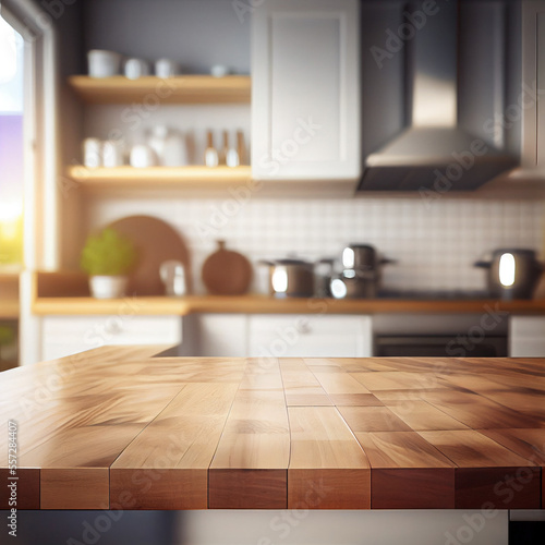 Wood table with a blurry kithcen in background, home kitchen interior, generative ai