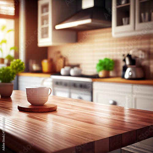 Wood table with a blurry kithcen in background  home kitchen interior  generative ai