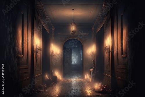 creepy interior of an abandoned building background  concept art  digital illustration  haunted house  scary interior