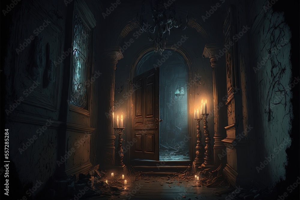 creepy interior of an abandoned building background, concept art, digital illustration, haunted house, scary interior, Generative AI