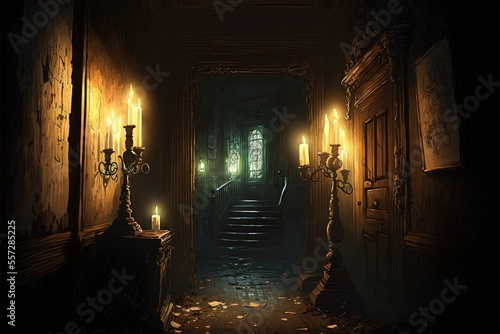 creepy interior of an abandoned building background  concept art  digital illustration  haunted house  scary interior  Generative AI