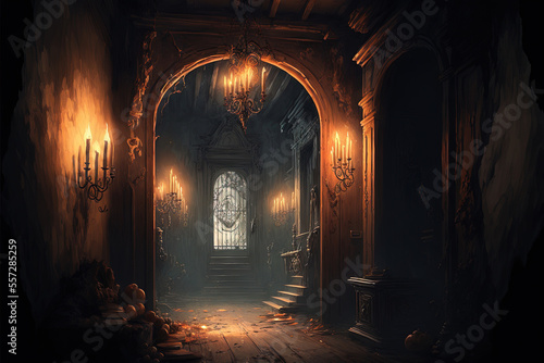 creepy interior of an abandoned building background  concept art  digital illustration  haunted house  scary interior