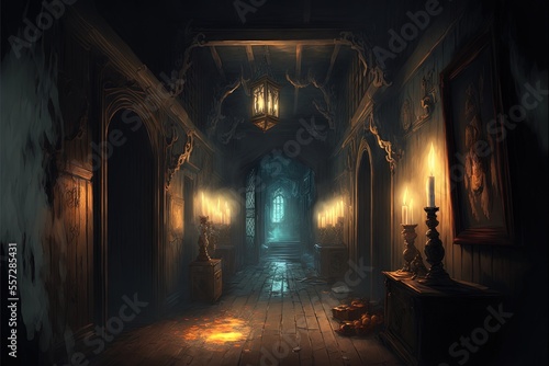 creepy interior of an abandoned building background  concept art  digital illustration  haunted house  scary interior