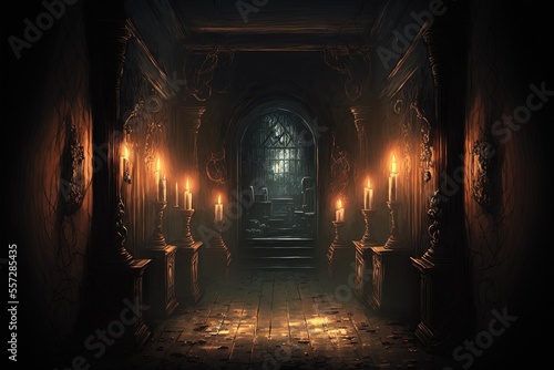 creepy interior of an abandoned building background  concept art  digital illustration  haunted house  scary interior