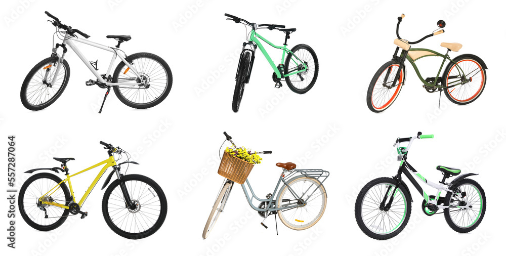 Collage with different bicycles on white background. Banner design Collage with different bicycles on white background. Banner design