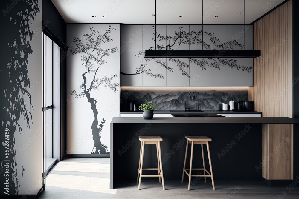 Modern Japanese hardwood kitchen with black and white tones