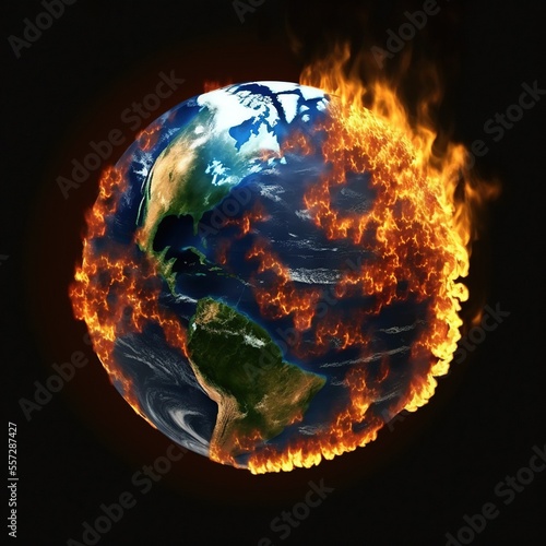 Planet earth on fire climate change, satellite view, created with Generative AI technology